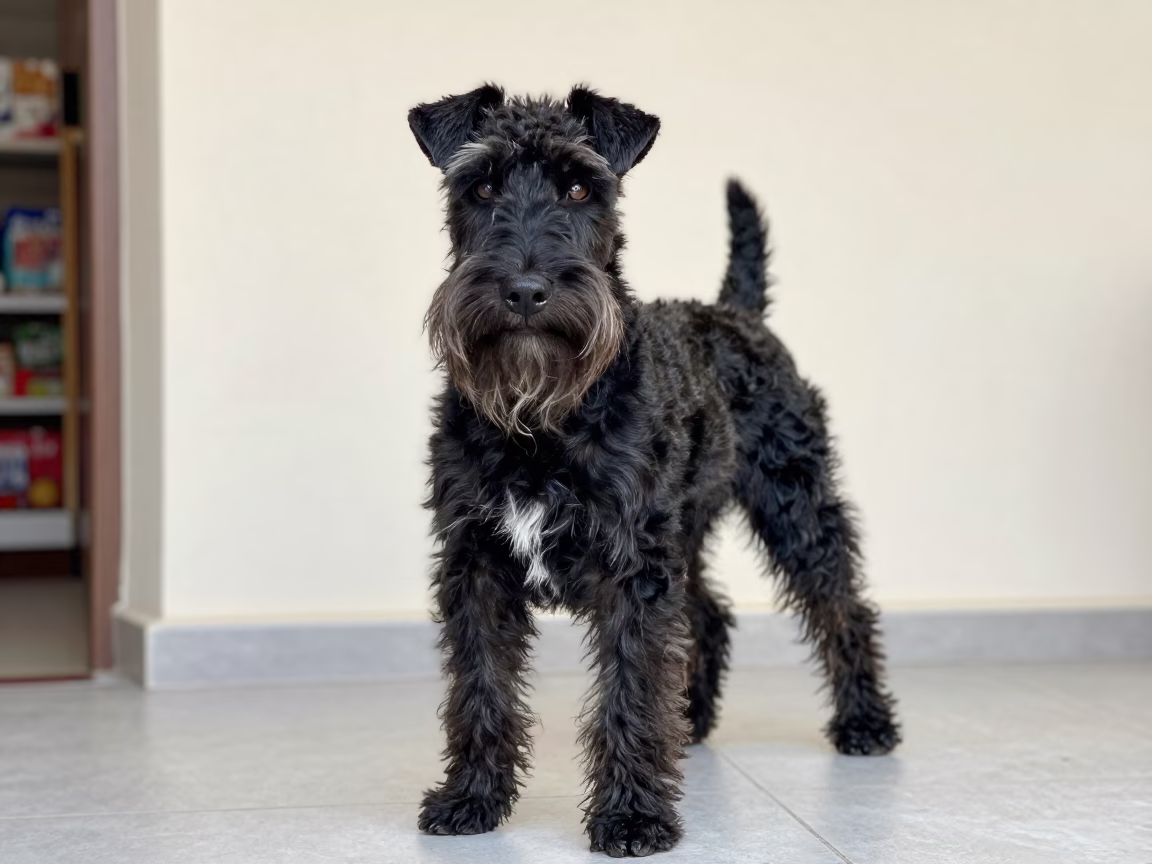 Manchester Terrier Portrait Beside Tirana Plaster Wall in beside a plain plaster wall in soft indoor light with the animal centered in frame near Tirana