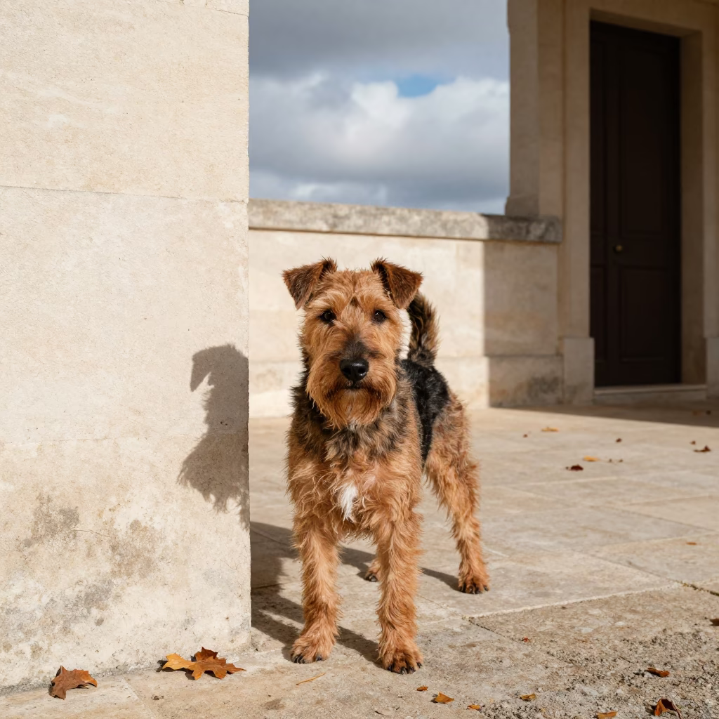Manchester Terrier Portrait Beside Toulouse Courtyard Wall in beside a plain courtyard wall in clear daylight with the animal at eye level in Toulouse
