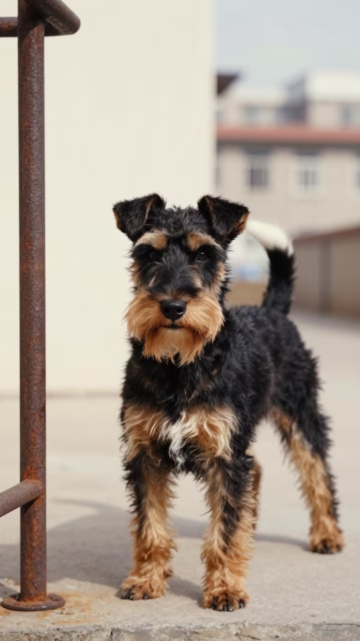 Manchester Terrier Portrait Beside Xining Courtyard Wall in beside a plain courtyard wall in clear daylight with the animal at eye level near Xining