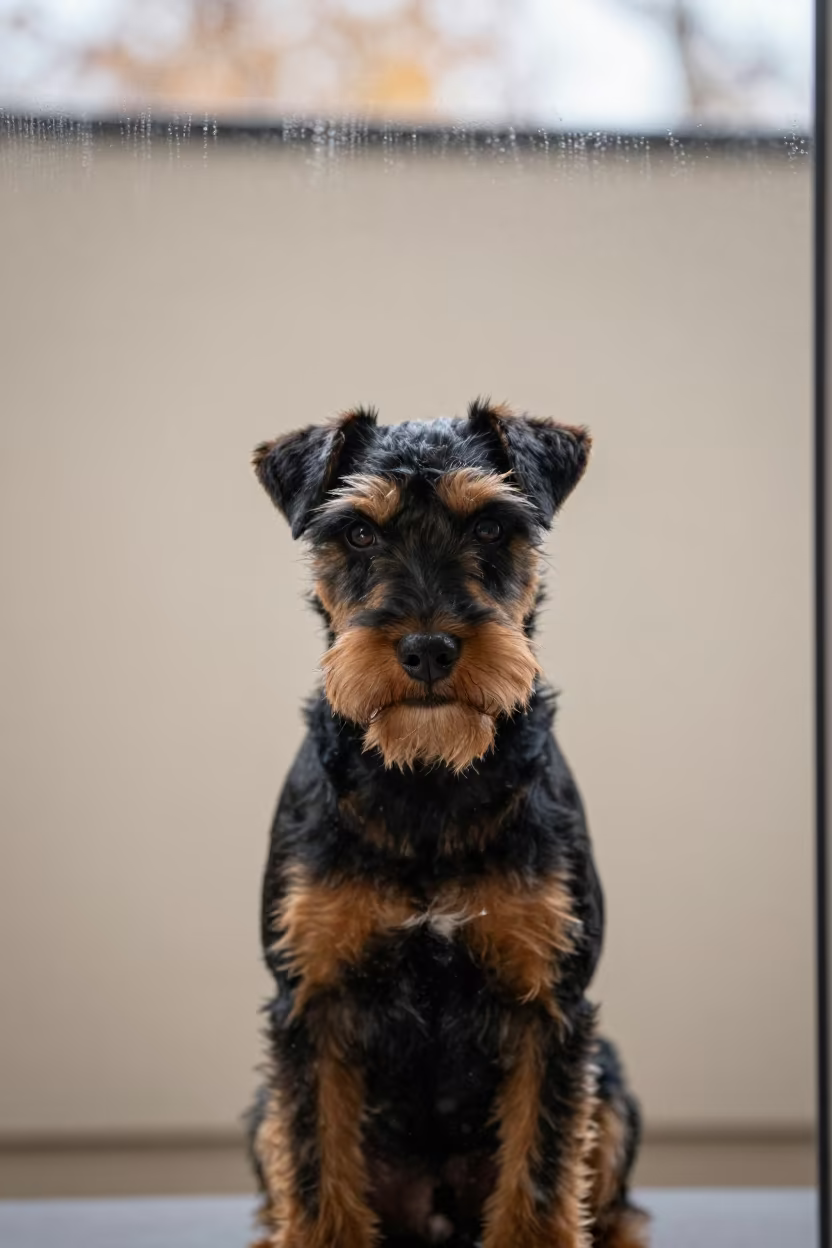 Manchester Terrier Portrait by Plain Wall in beside a plain plaster wall in soft indoor light with the animal centered in frame in Houston