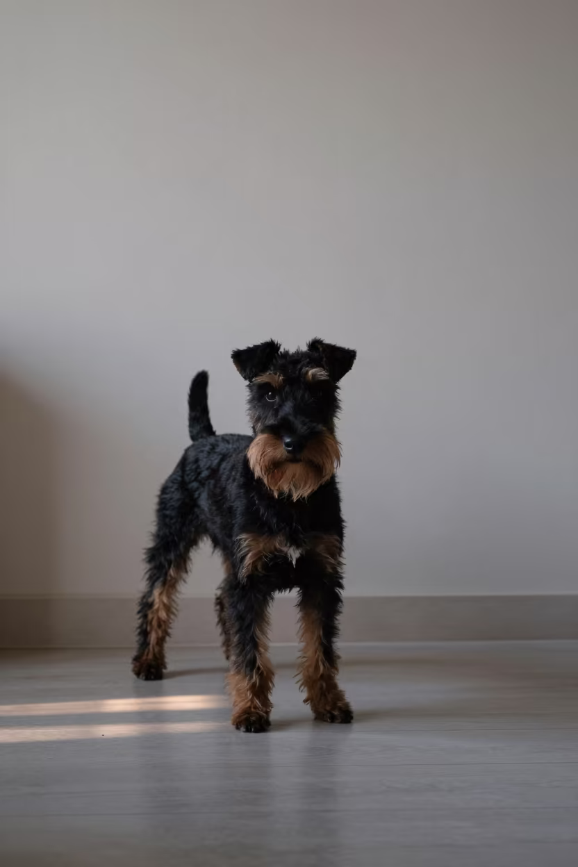 Manchester Terrier Portrait by Wall in beside a plain plaster wall in soft indoor light with the animal centered in frame near Batman