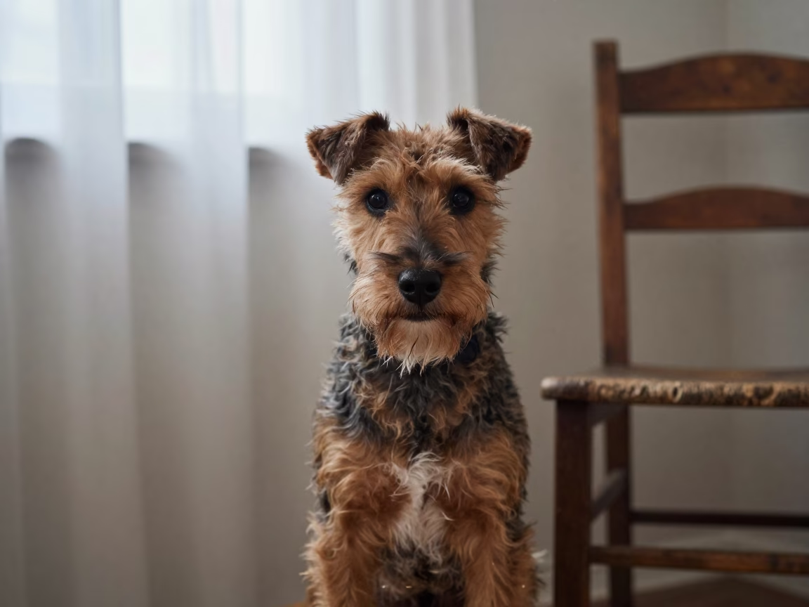 Manchester Terrier Portrait by Window Light Ahmedabad in beside a plain plaster wall in soft indoor light with the animal centered in frame in Ahmedabad