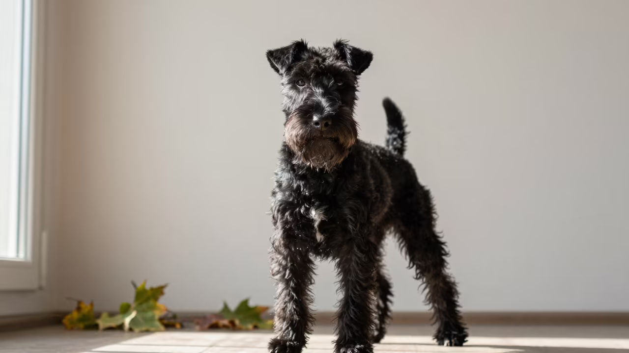 Manchester Terrier Portrait by Zagreb Window in beside a plain plaster wall in soft indoor light with the animal centered in frame near Zagreb