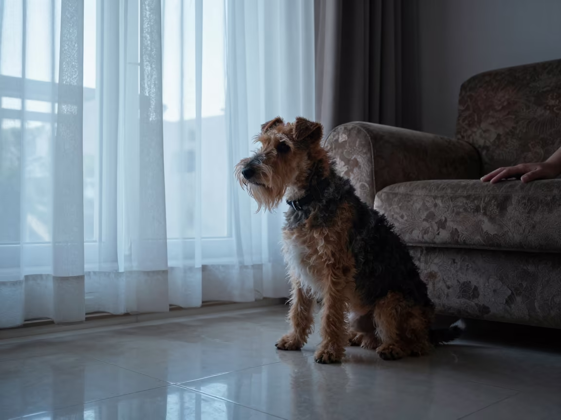 Manchester Terrier Portrait Dawn Light Sofa in on a sofa near a curtained window with calm indoor light in Diyarbakır