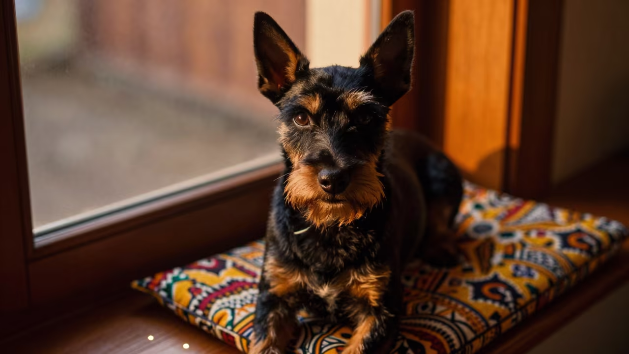 Manchester Terrier Portrait Evening Window Light in on a cushioned window seat with soft side light and an uncluttered background near Ankara