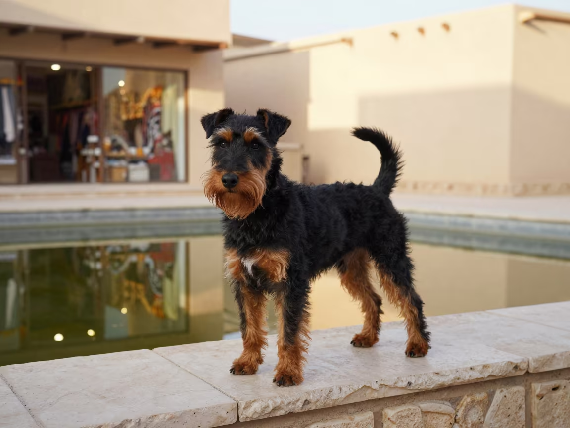 Manchester Terrier Portrait Garden Edge Giza in near a garden edge with soft morning light and an uncluttered background in Giza