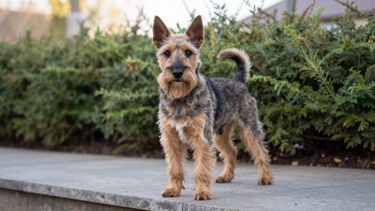 Manchester Terrier Portrait Garden Morning Light in near a garden edge with soft morning light and an uncluttered background near Kumba