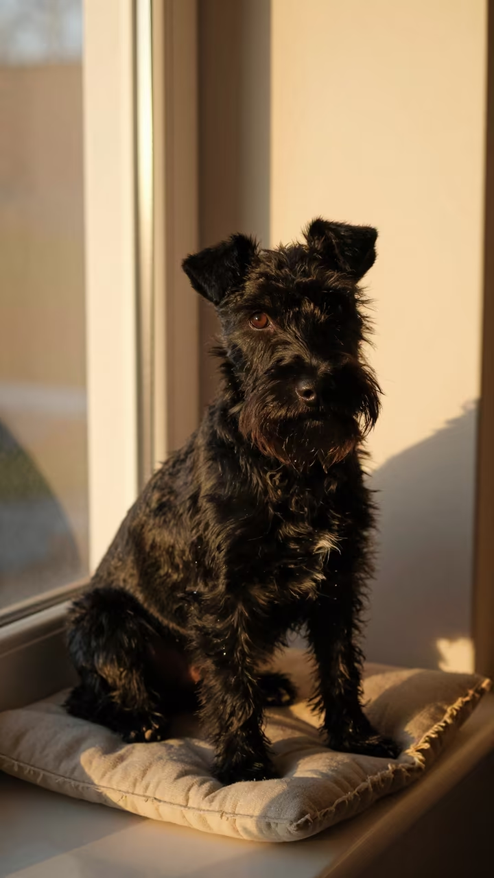 Manchester Terrier Portrait Golden Hour Window Light in on a cushioned window seat with soft side light and an uncluttered background in Alexandria