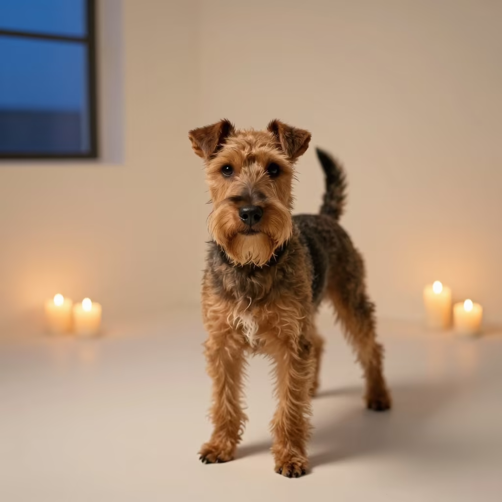 Manchester Terrier Portrait in Abu Dhabi Studio in in a quiet portrait studio with a plain backdrop and eye-level framing in Abu Dhabi