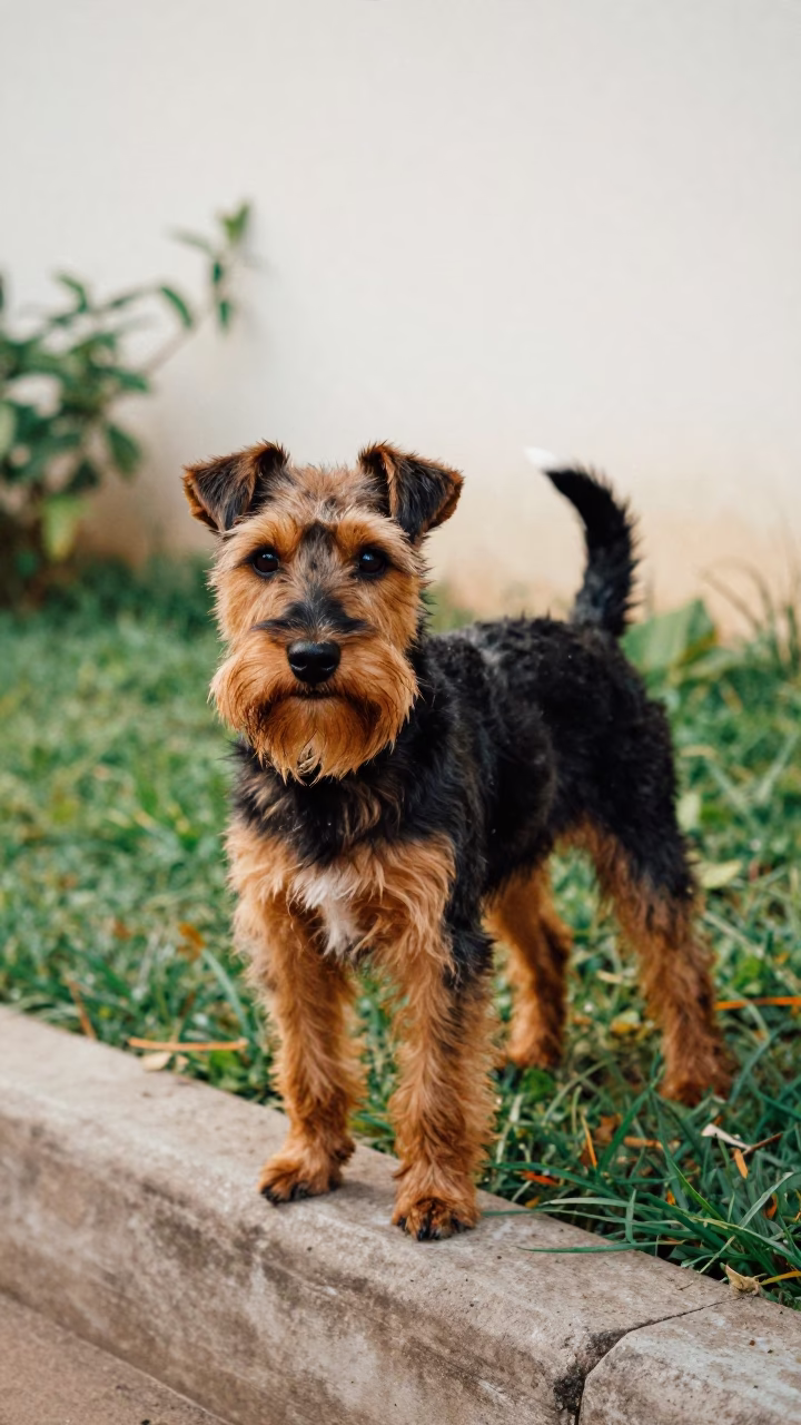 Manchester Terrier Portrait in Abuja Garden Morning in near a garden edge with soft morning light and an uncluttered background in Abuja