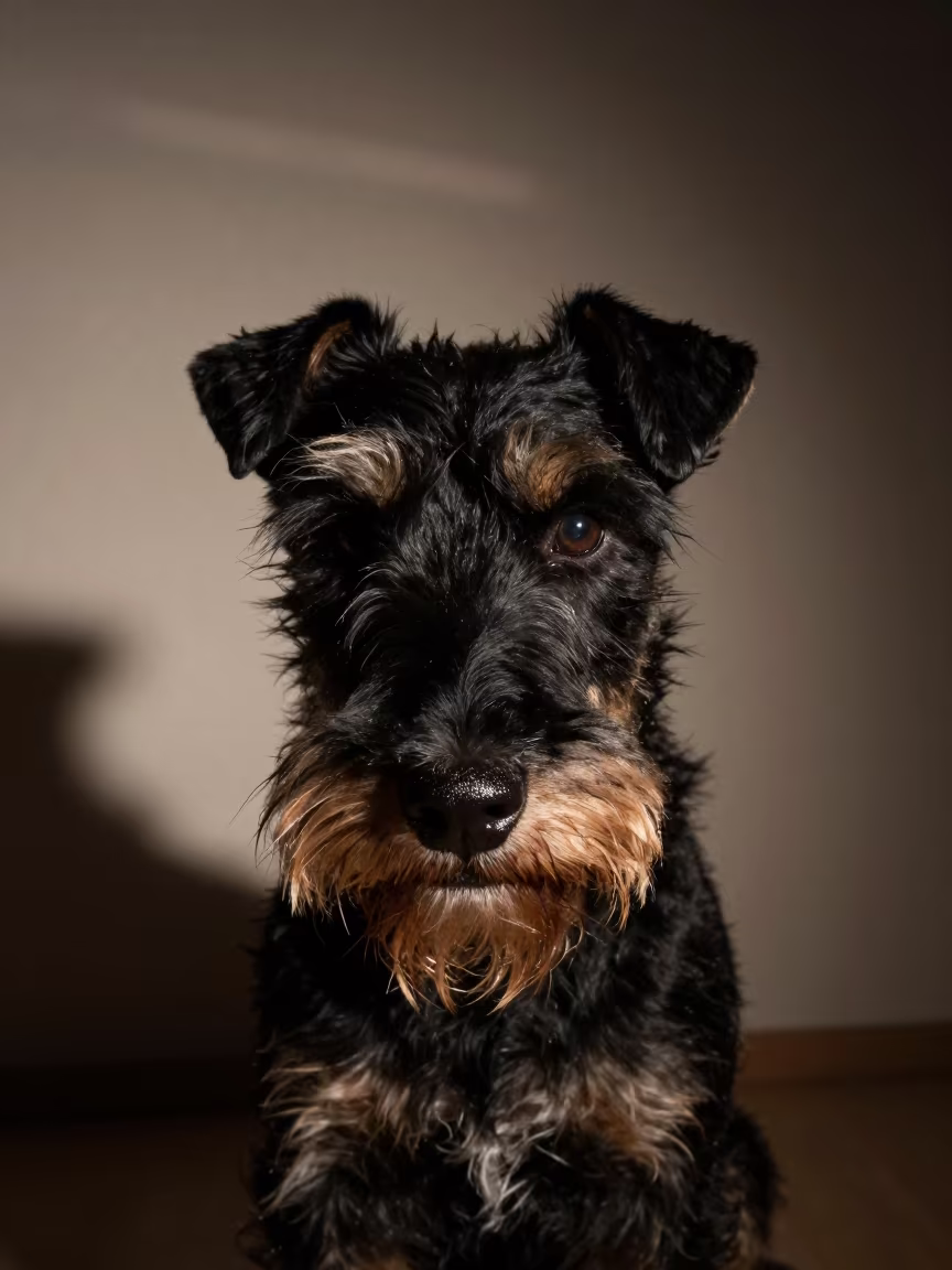 Manchester Terrier Portrait in Adana Studio in in a quiet portrait studio with a plain backdrop and eye-level framing in Adana