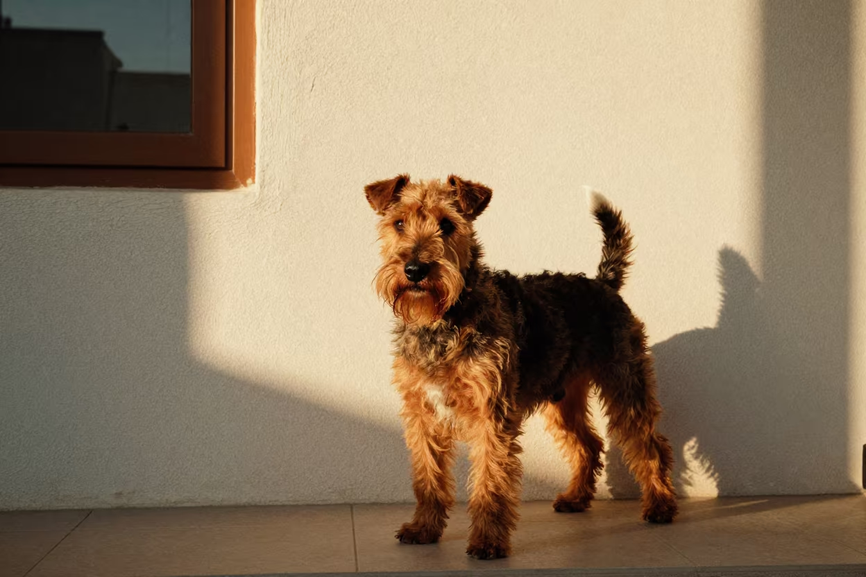 Manchester Terrier Portrait in Al-Safira Evening Light in beside a plain plaster wall in soft indoor light with the animal centered in frame in Al-Safira