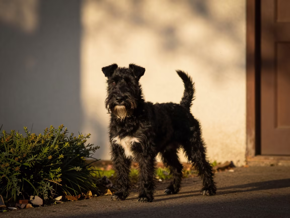 Manchester Terrier Portrait in Astana Winter Light in near a garden edge with soft morning light and an uncluttered background in Astana