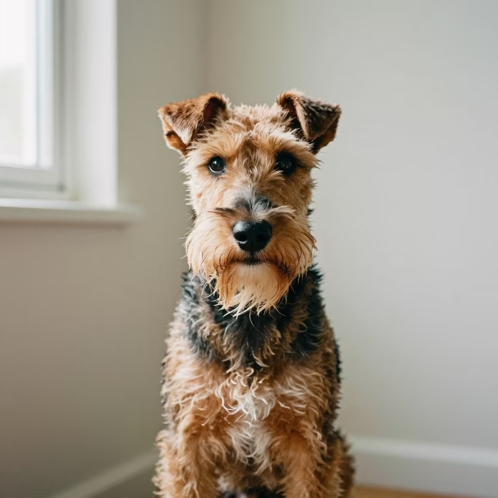 Manchester Terrier Portrait in Austin Indoor Light in beside a plain plaster wall in soft indoor light with the animal centered in frame in Zilker, Austin