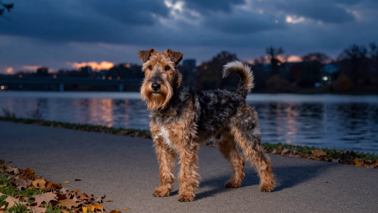 Manchester Terrier Portrait in Autumn Twilight Park in along a quiet park path with soft open shade and a clean background near Houston