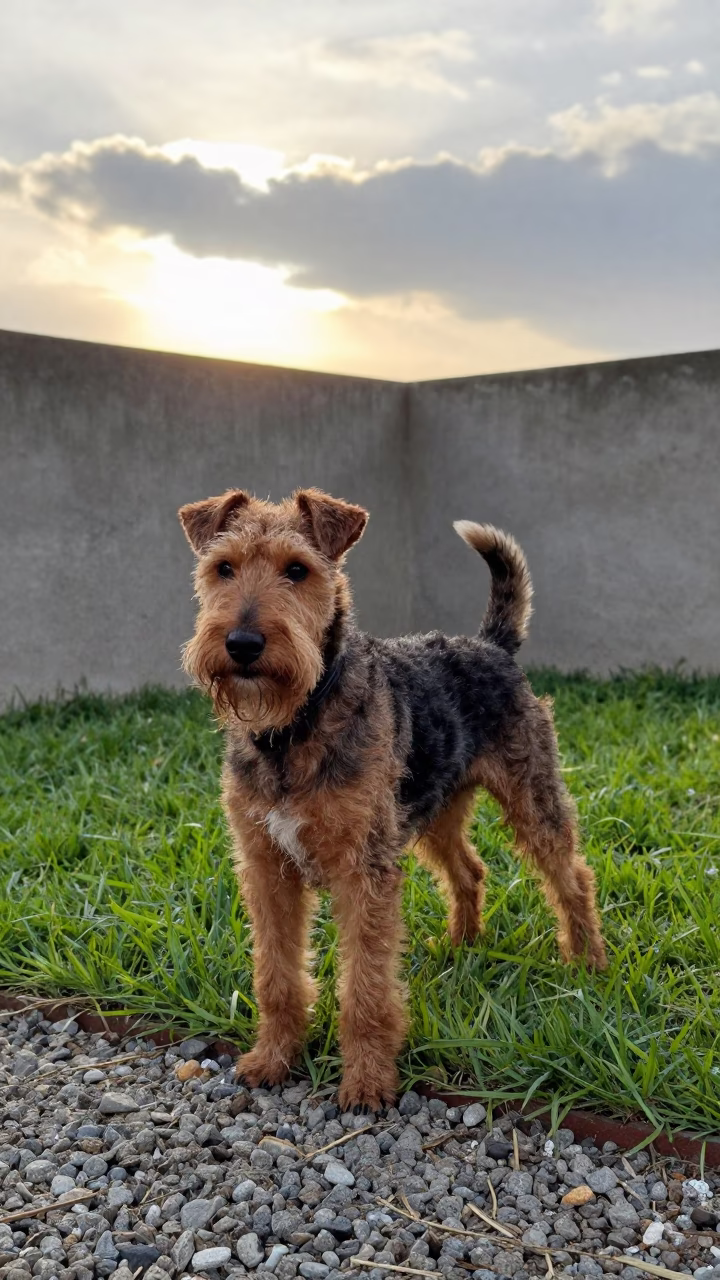 Manchester Terrier Portrait in Bogota Backyard in in a small yard with clipped grass, calm light, and the animal centered in frame in Bogota