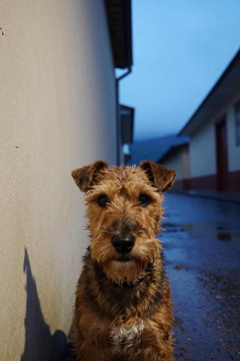 Manchester Terrier Portrait in Bogota Rain in beside a plain courtyard wall in clear daylight with the animal at eye level near Bogota