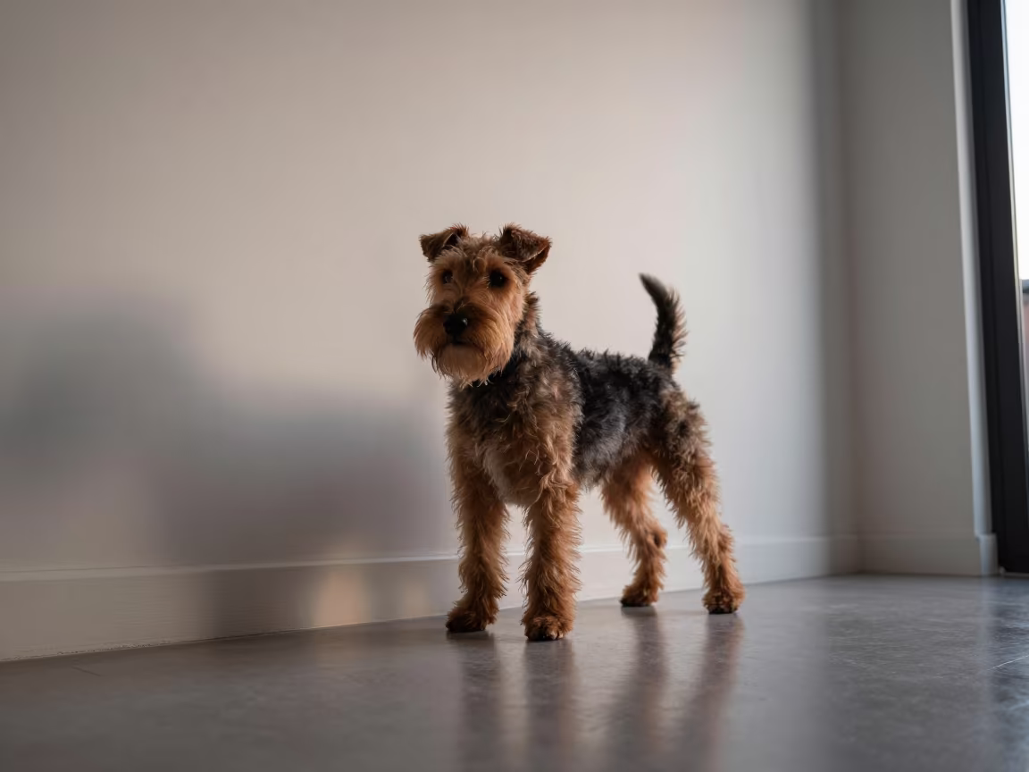 Manchester Terrier Portrait in Bonn Dawn Light in beside a plain plaster wall in soft indoor light with the animal centered in frame in Bonn