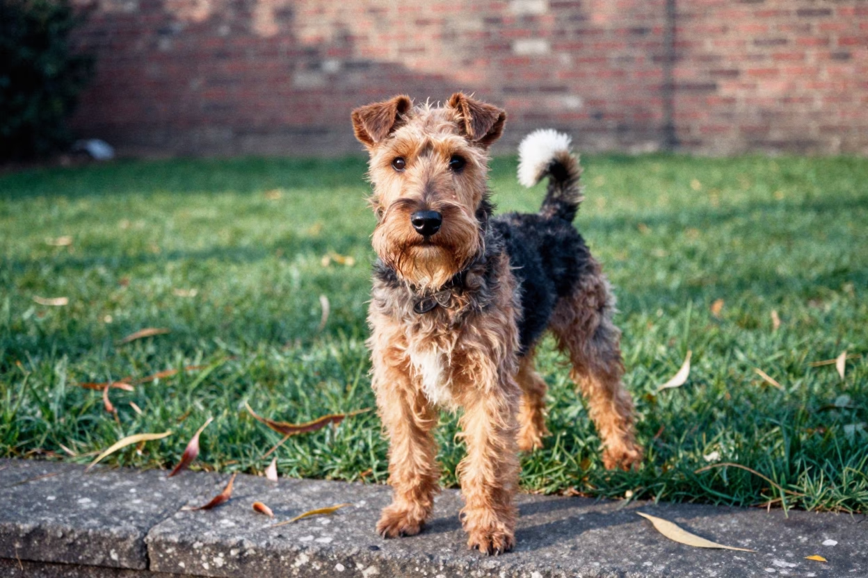 Manchester Terrier Portrait in Budapest Yard in in a small yard with clipped grass, calm light, and the animal centered in frame in Budapest