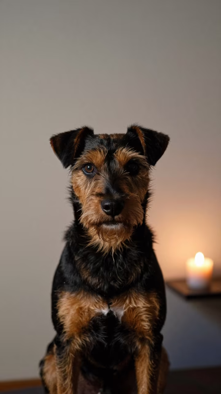 Manchester Terrier Portrait in Candlelight in beside a plain plaster wall in soft indoor light with the animal centered in frame in Mazar-i-Sharif