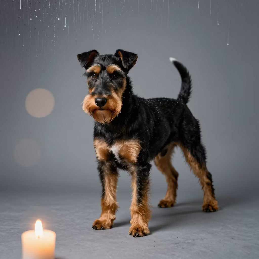 Manchester Terrier Portrait in Candlelit Studio in in a quiet portrait studio with a plain backdrop and eye-level framing in Catia La Mar
