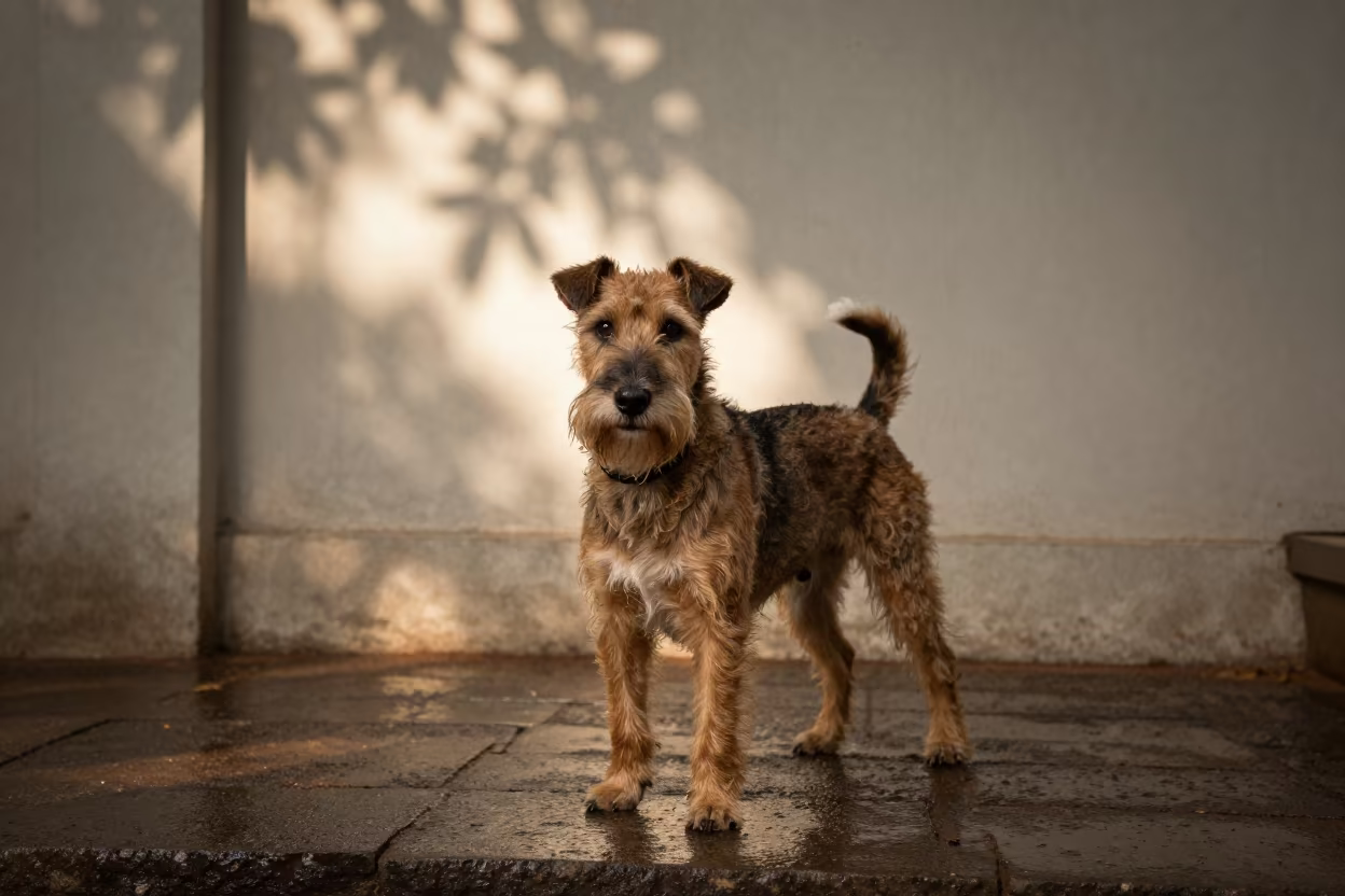 Manchester Terrier Portrait in Chennai Courtyard in beside a plain courtyard wall in clear daylight with the animal at eye level in Chennai