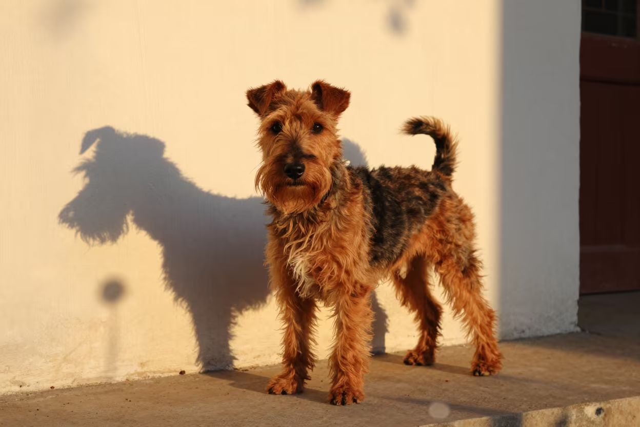 Manchester Terrier Portrait in Chishtian Home in beside a plain plaster wall in soft indoor light with the animal centered in frame in Chishtian