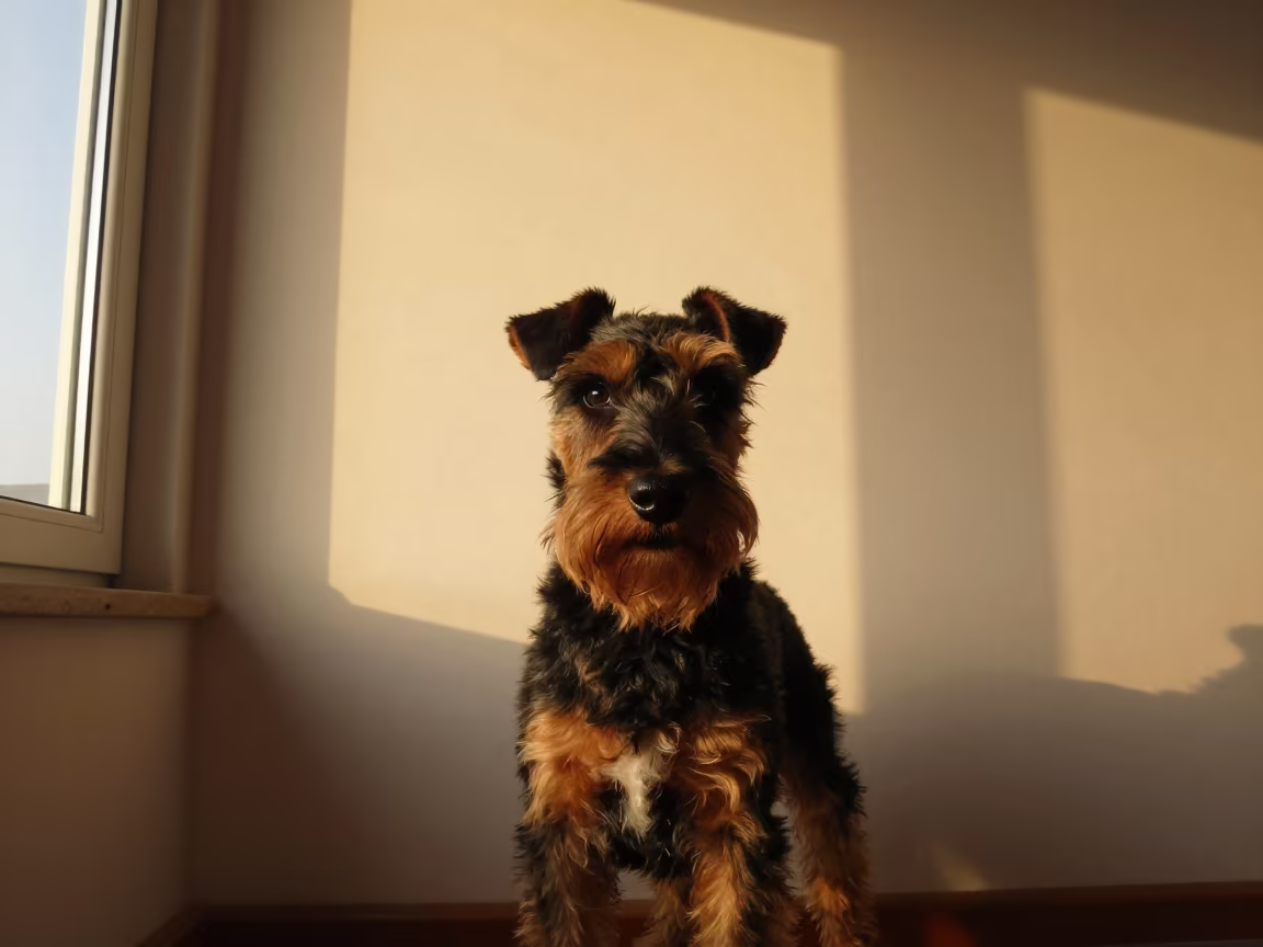 Manchester Terrier Portrait in Darband Tehran Home in beside a plain plaster wall in soft indoor light with the animal centered in frame in Darband, Tehran