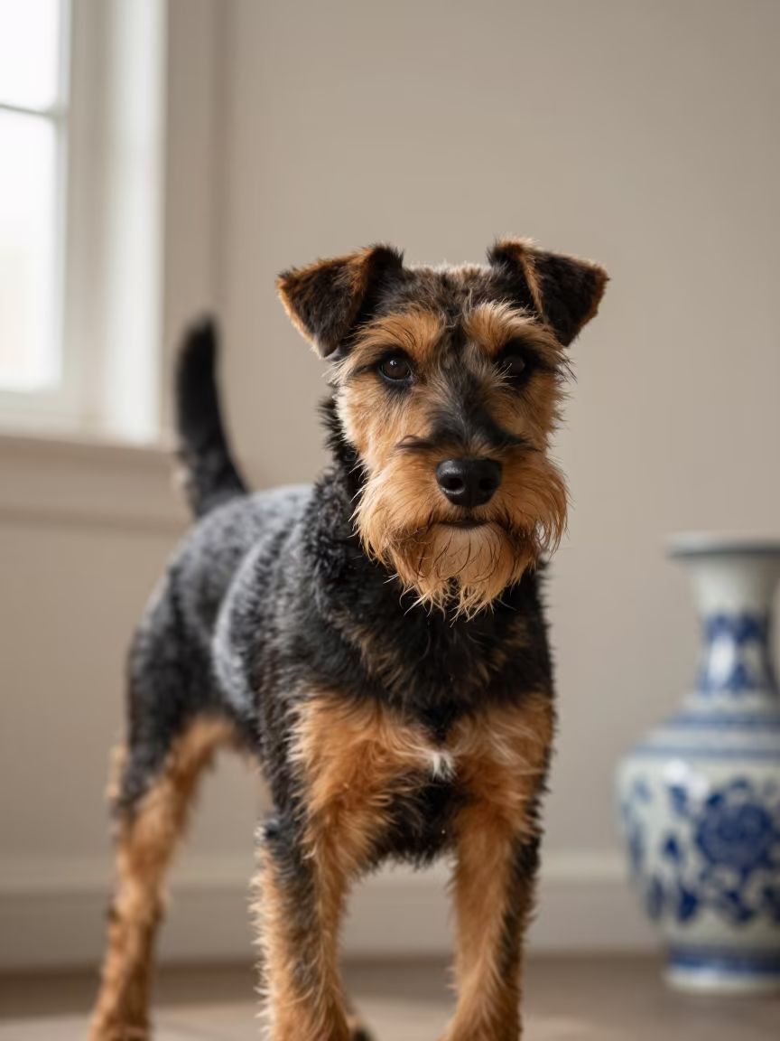 Manchester Terrier Portrait in Delft in beside a plain plaster wall in soft indoor light with the animal centered in frame in Delft