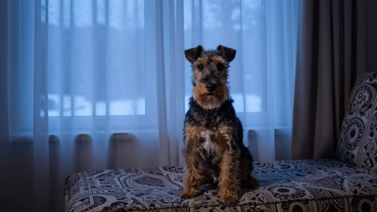 Manchester Terrier Portrait in Delhi Twilight in on a sofa near a curtained window with calm indoor light in Shahpur Jat, Delhi