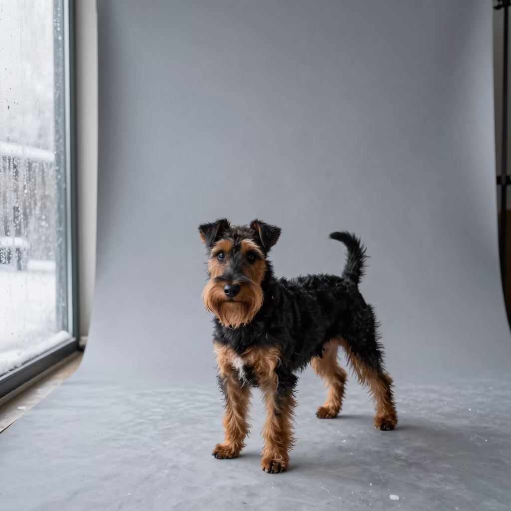 Manchester Terrier Portrait in Diyarbakır Studio in in a quiet portrait studio with a plain backdrop and eye-level framing in Diyarbakır