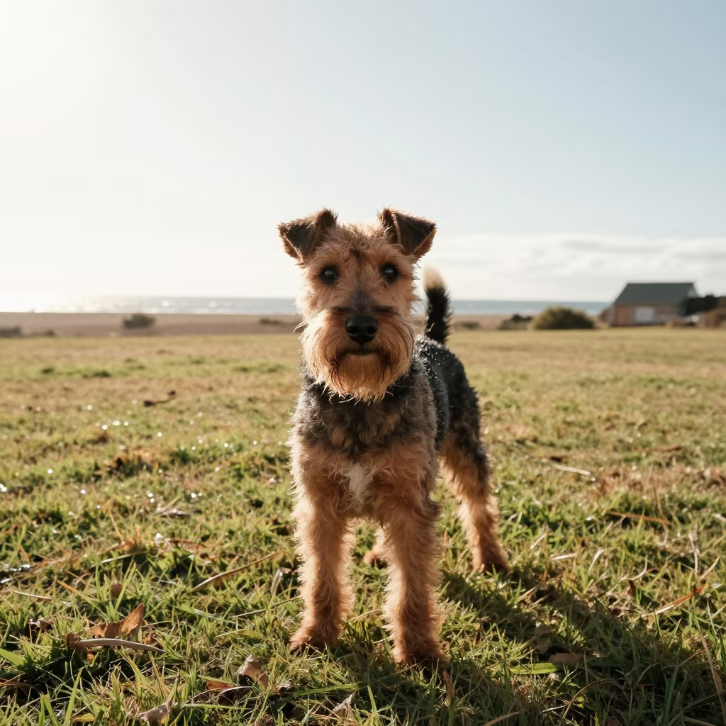 Manchester Terrier Portrait in Dry Harare Yard in in a small yard with clipped grass, calm light, and the animal centered in frame in Harare