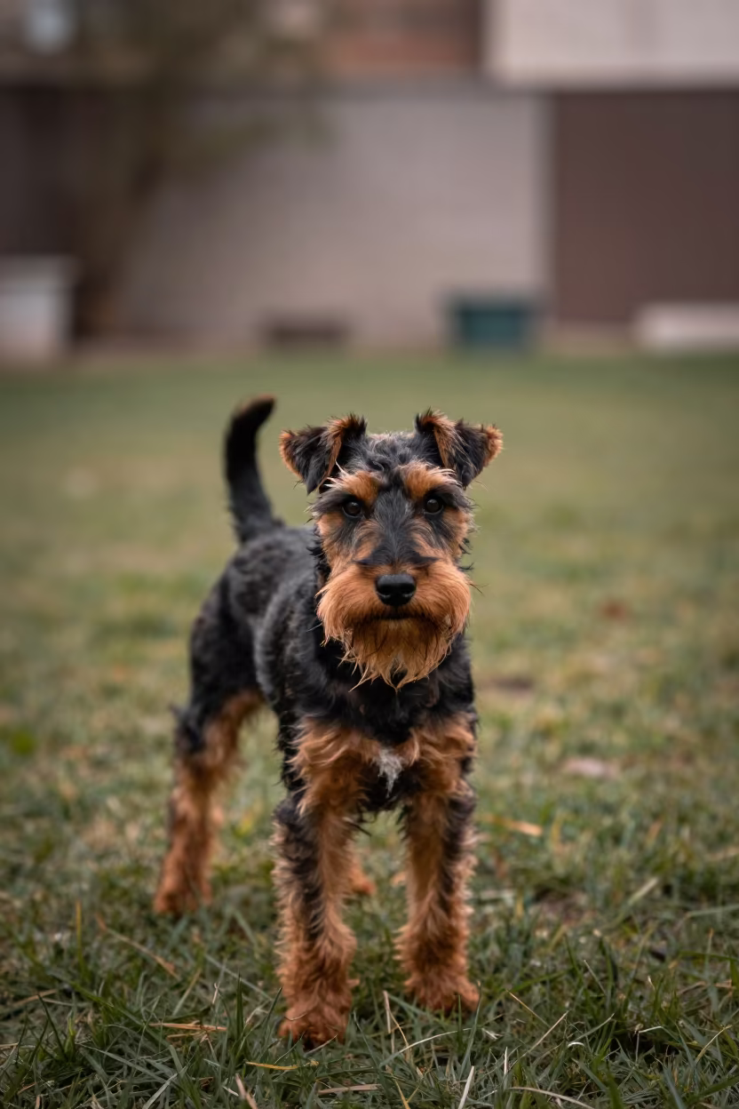 Manchester Terrier Portrait in Early Winter Yard in in a small yard with clipped grass, calm light, and the animal centered in frame in Mohali