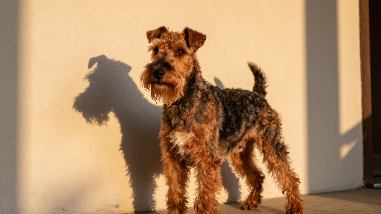Manchester Terrier Portrait in Evening Light in beside a plain plaster wall in soft indoor light with the animal centered in frame near Burlington