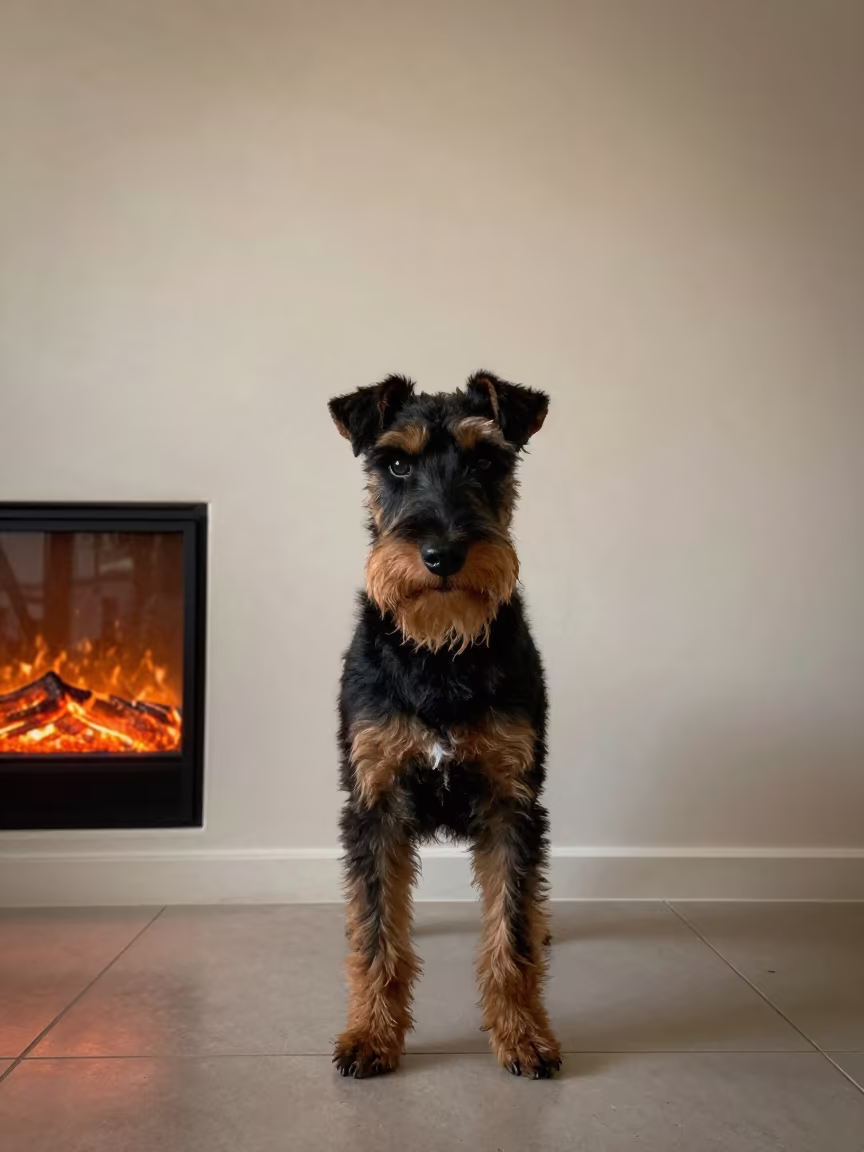 Manchester Terrier Portrait in Firelight at Night in beside a plain plaster wall in soft indoor light with the animal centered in frame near Aïn Beïda