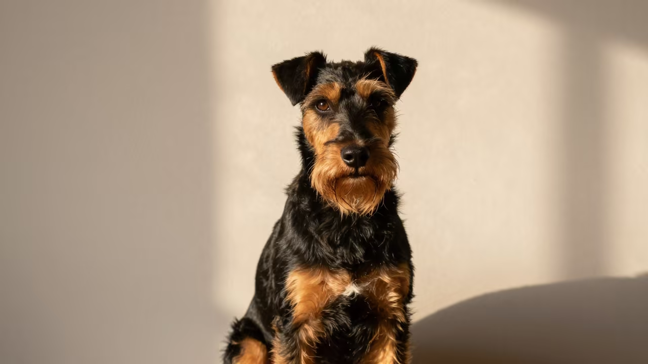 Manchester Terrier Portrait in Golden Hour Light in beside a plain plaster wall in soft indoor light with the animal centered in frame in Burlington