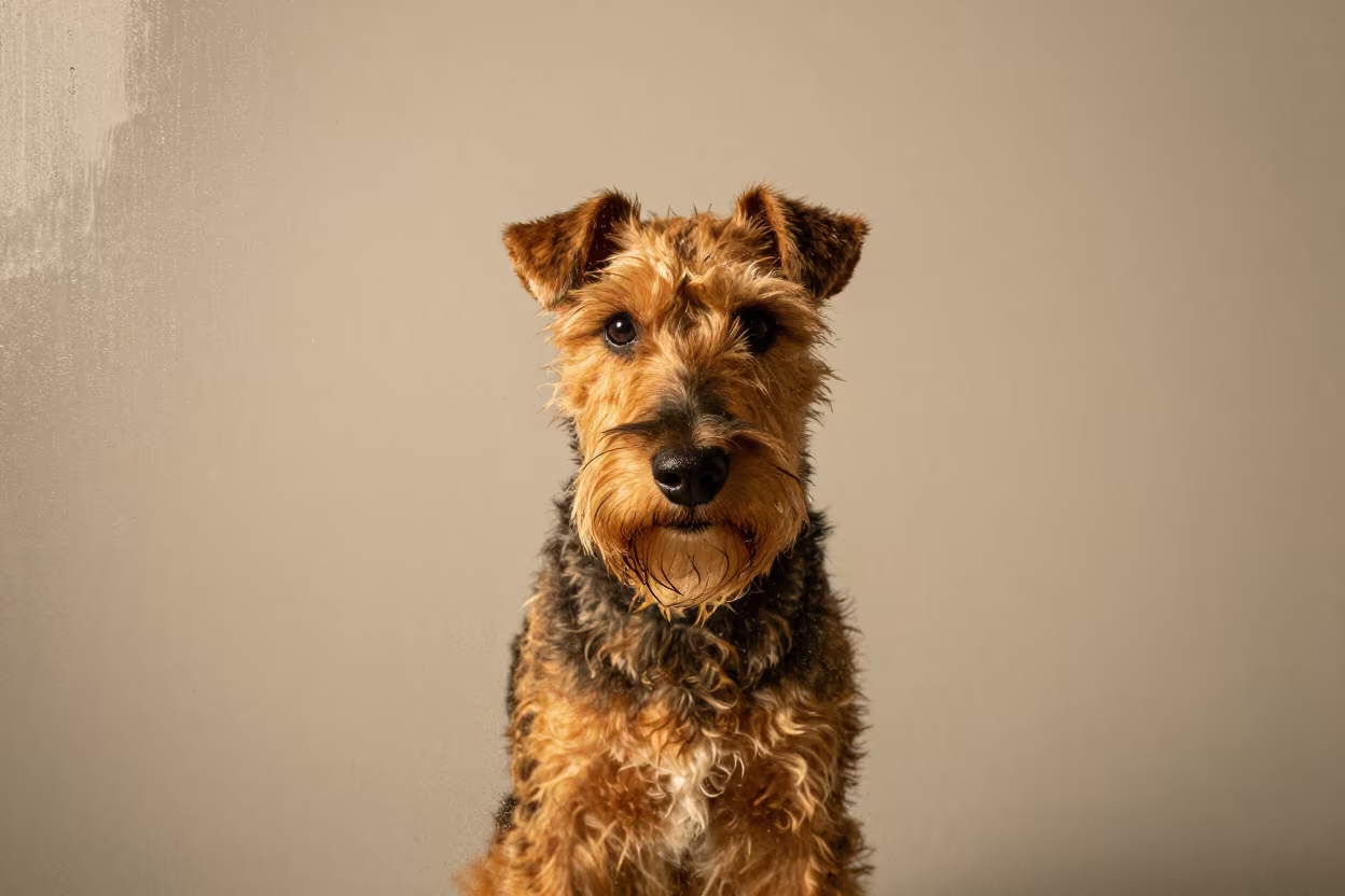 Manchester Terrier Portrait in Golden Studio Light in in a quiet portrait studio with a plain backdrop and eye-level framing in Baía Farta