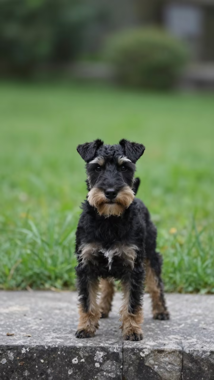 Manchester Terrier Portrait in Guiyang Garden in near a garden edge with soft morning light and an uncluttered background in Guiyang