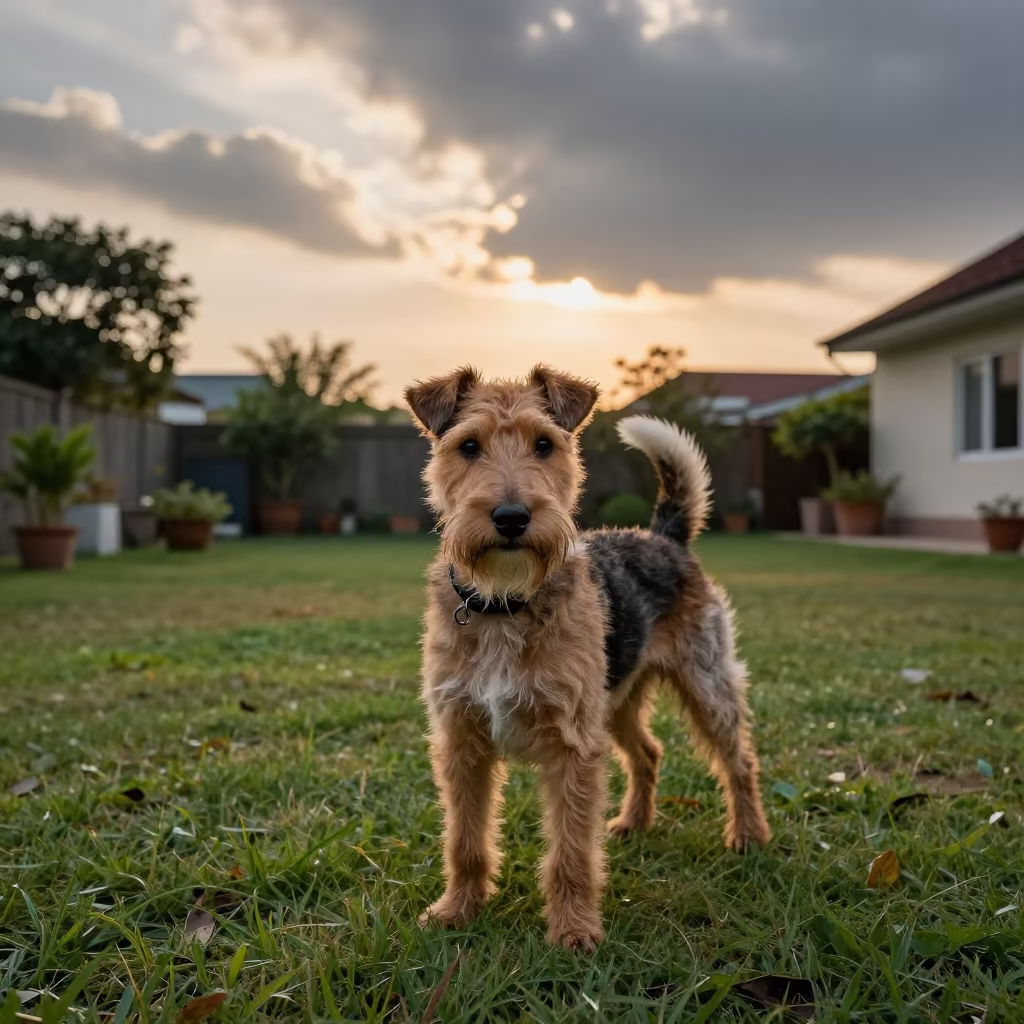 Manchester Terrier Portrait in Guwahati Morning Light in in a small yard with clipped grass, calm light, and the animal centered in frame in Guwahati