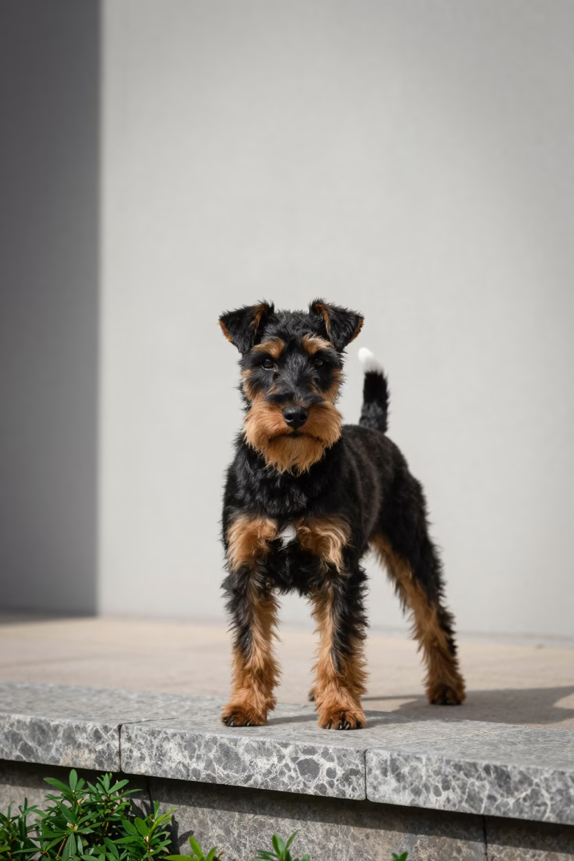 Manchester Terrier Portrait in Haikou Courtyard in beside a plain courtyard wall in clear daylight with the animal at eye level in Haikou