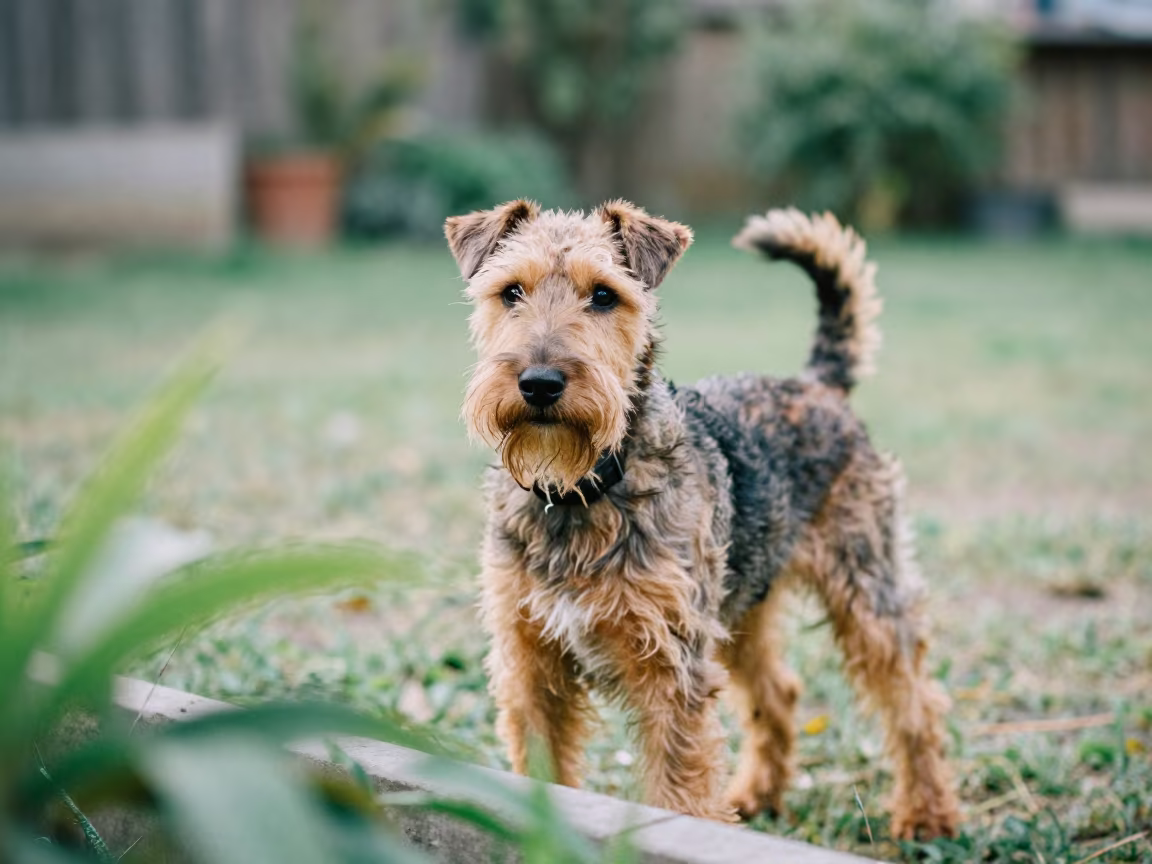 Manchester Terrier Portrait in Jimma Morning Light in near a garden edge with soft morning light and an uncluttered background in Jimma
