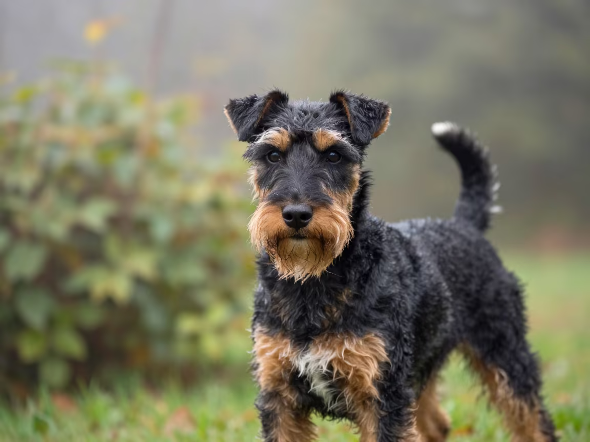 Manchester Terrier Portrait in Kamsar Garden Light in near a garden edge with soft morning light and an uncluttered background in Kamsar