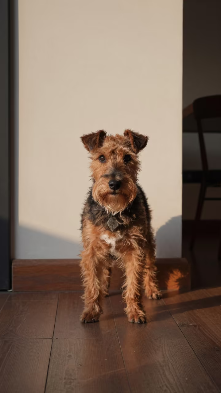 Manchester Terrier Portrait in Kanpur Dawn Light in beside a plain plaster wall in soft indoor light with the animal centered in frame near Kanpur