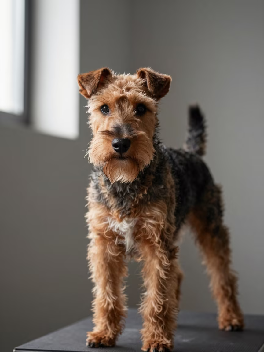 Manchester Terrier Portrait in Kansas City Studio in in a quiet portrait studio with a plain backdrop and eye-level framing in Kansas City