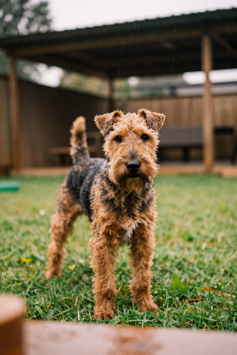 Manchester Terrier Portrait in Kigali Rain in in a small yard with clipped grass, calm light, and the animal centered in frame in Kigali