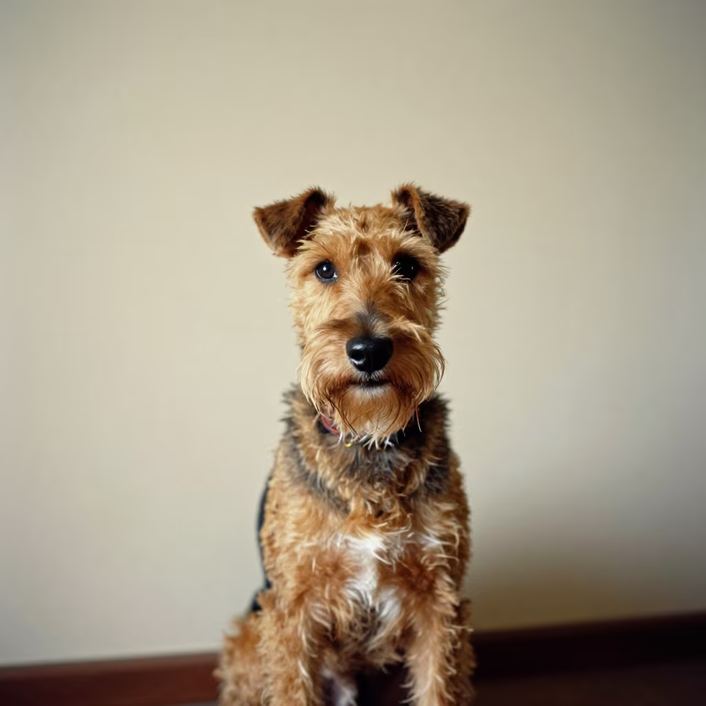 Manchester Terrier Portrait in Lahore Winter Light in beside a plain plaster wall in soft indoor light with the animal centered in frame in Lahore