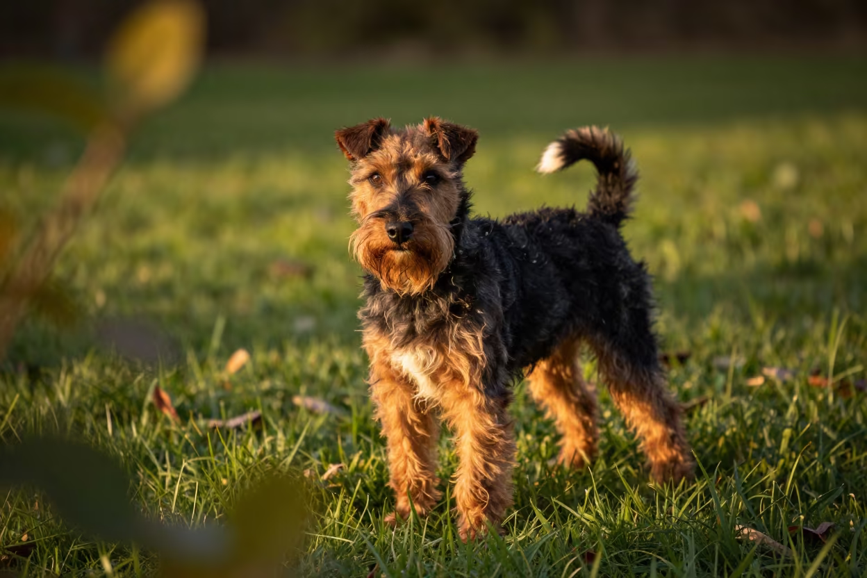 Manchester Terrier Portrait in Luanshya Yard in in a small yard with clipped grass, calm light, and the animal centered in frame in Luanshya