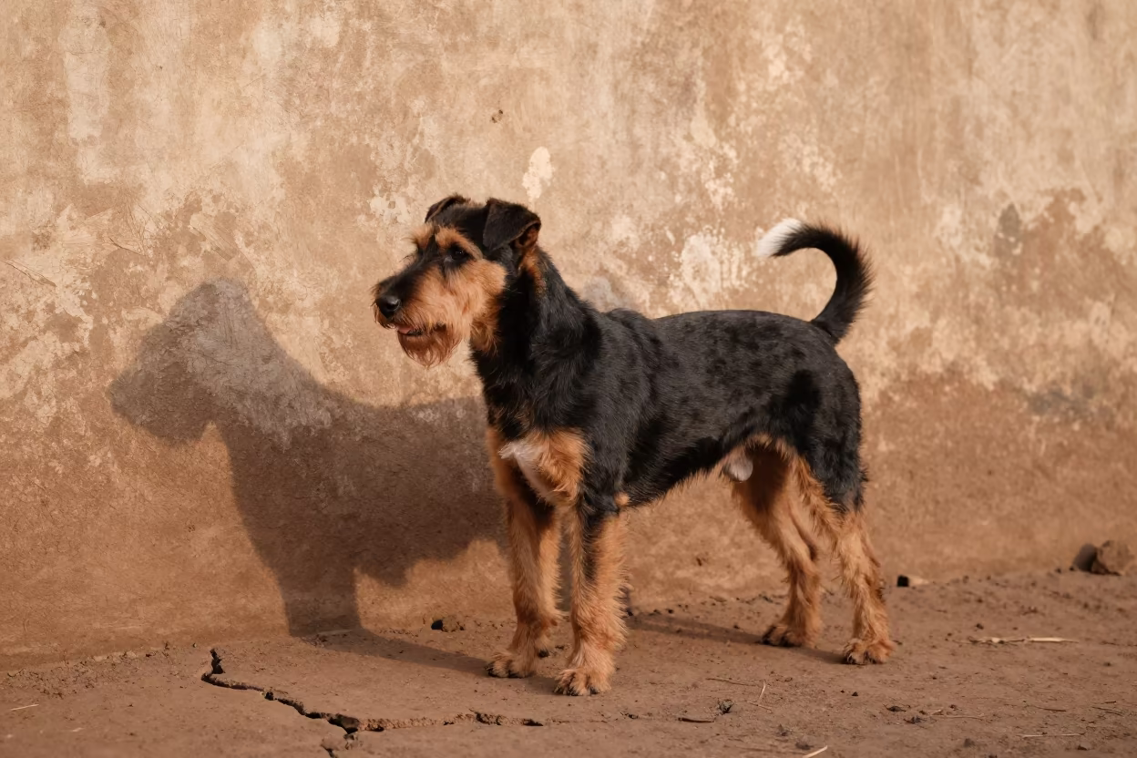 Manchester Terrier Portrait in Lubumbashi Courtyard in beside a plain courtyard wall in clear daylight with the animal at eye level in Lubumbashi