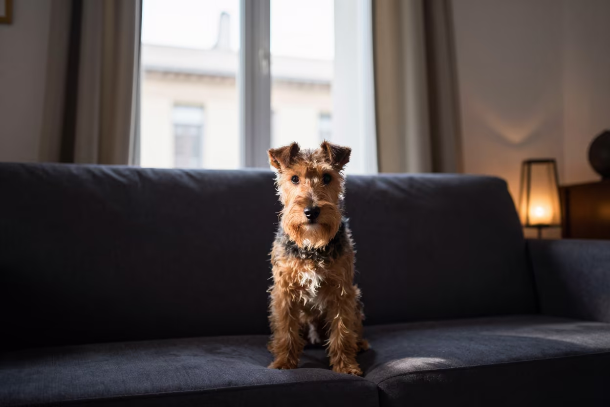 Manchester Terrier Portrait in Marseille Window Light in on a sofa near a curtained window with calm indoor light in Marseille