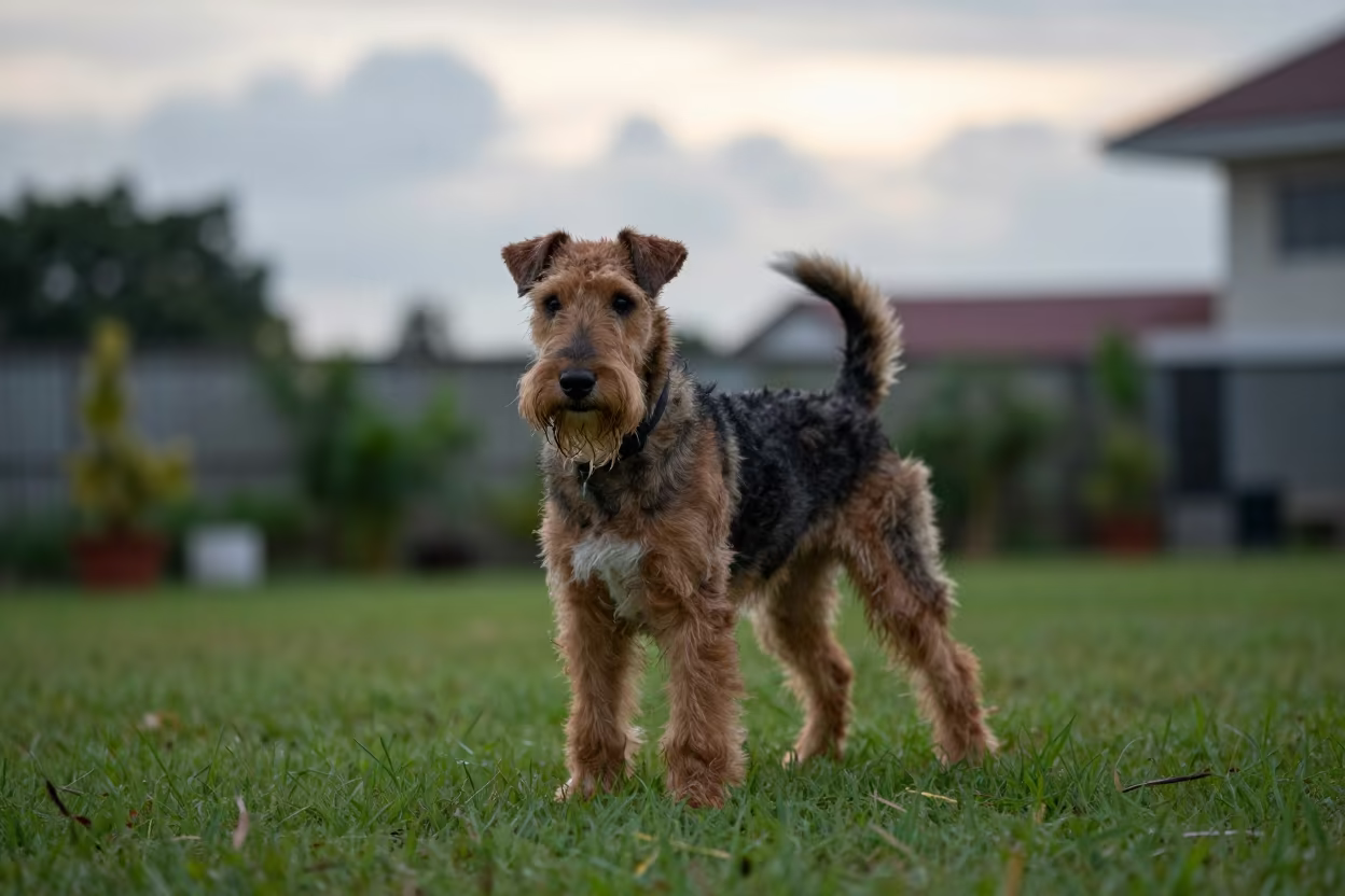 Manchester Terrier Portrait in Monsoon Yard in in a small yard with clipped grass, calm light, and the animal centered in frame in Medan